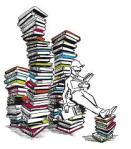 person reading stacks of books