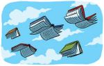 Books with wings in the sky